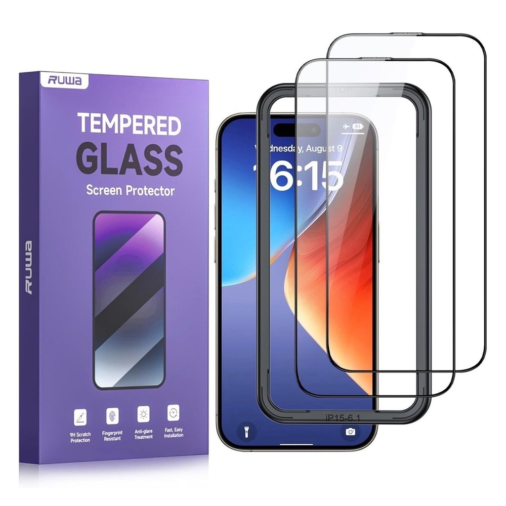 Ruwa 2-Pack iPhone 15 iPhone 16 Screen Protector Tempered Glass 6.1 Inch HD Clea